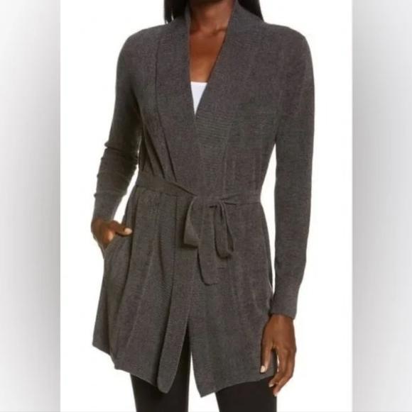 Barefoot Dreams Cozychic Ultra Lite Gray Rib Cardigan Carbon Gray Lounge - Picture 2 of 8